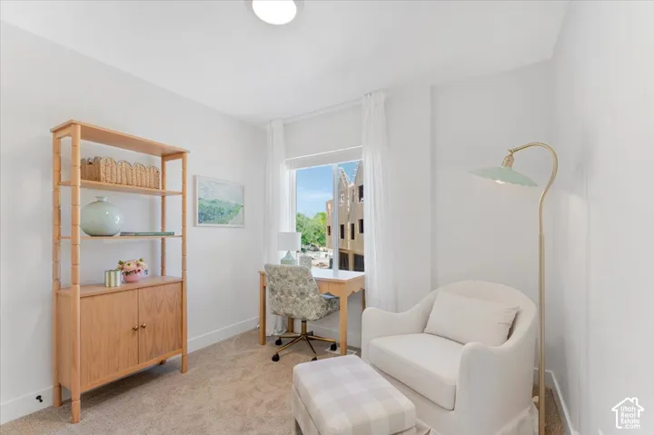 Light-filled interior with neutral wall finishes and carpeted flooring