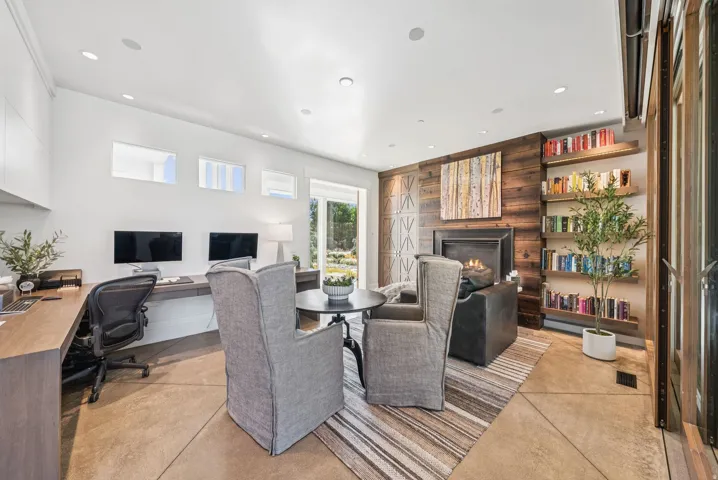 Modern interior space featuring a built-in fireplace with a dark wood-finish accent wall