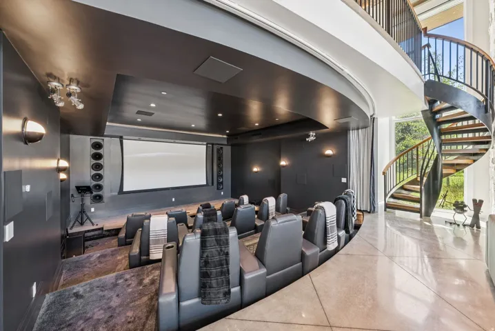 Dedicated home theater featuring tiered seating for multiple viewers, a large projection screen, recessed lighting, and dark acoustic wall treatment