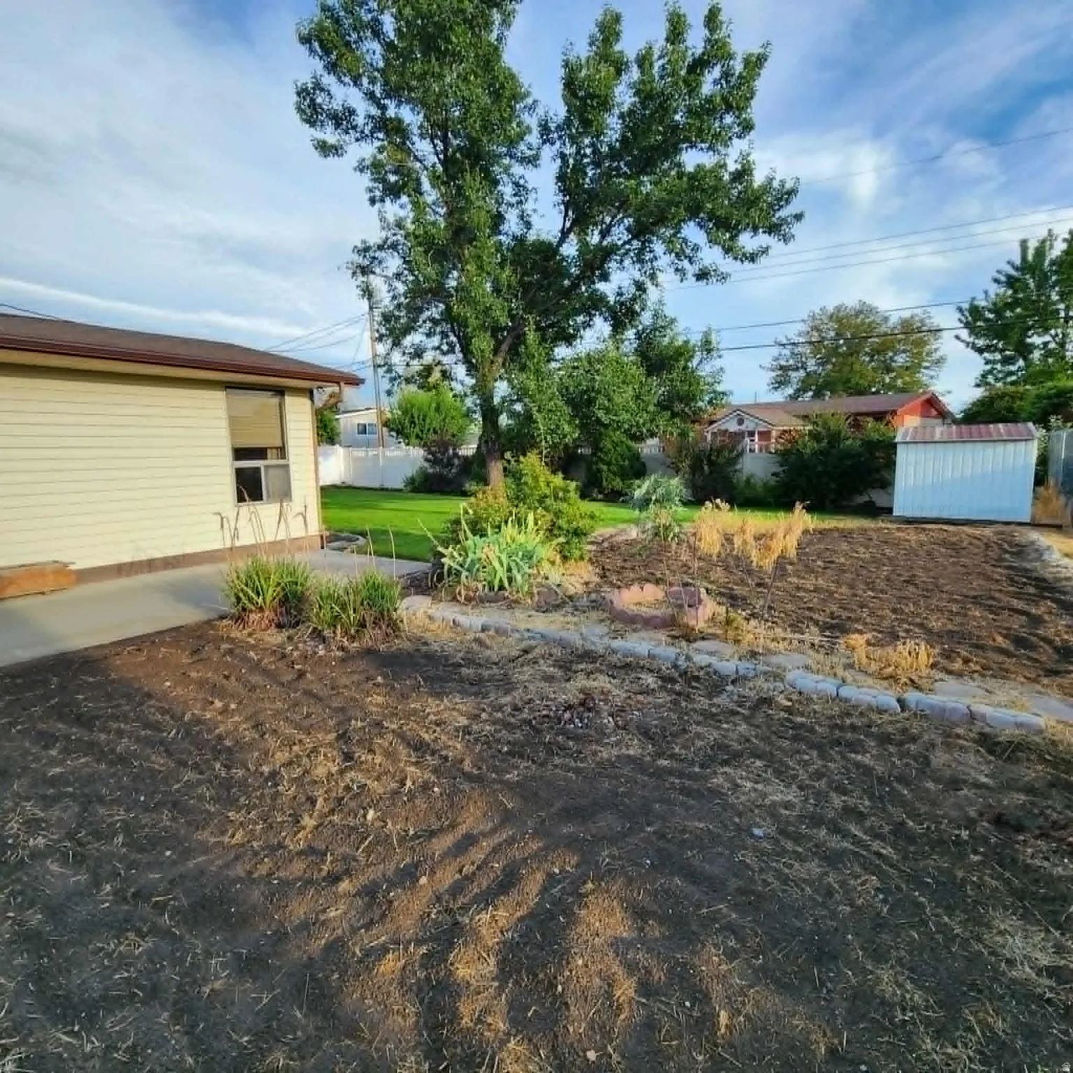 Expansive yard featuring mature trees, a designated garden area, a concrete patio, and a utility shed
