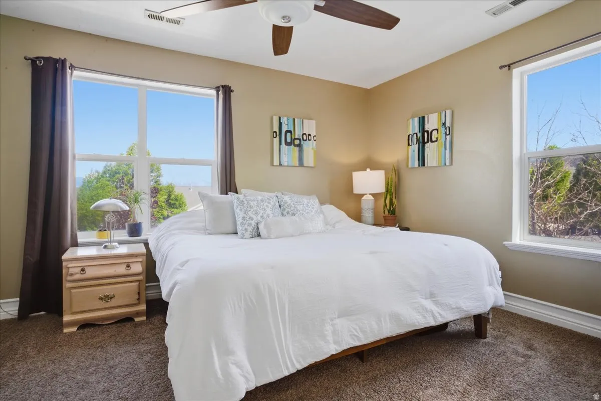 Two large windows, ceiling fan with integrated lighting, and neutral tone carpeting