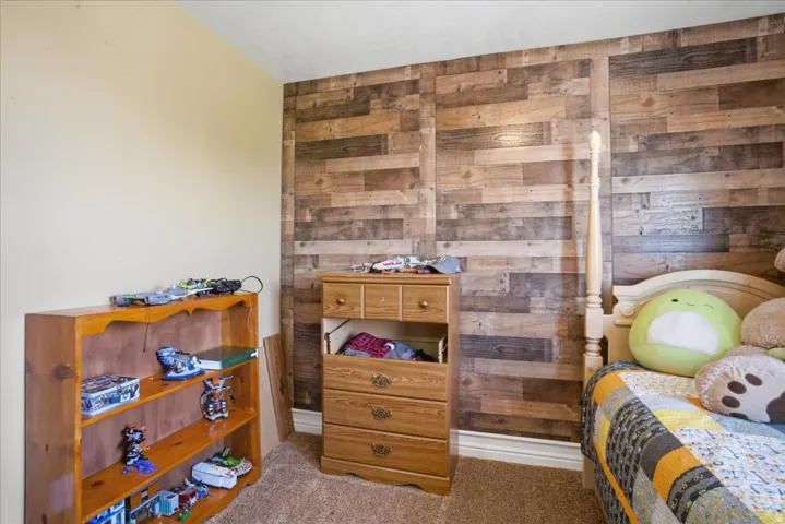 Accent wall featuring wood paneling, light-colored wall paint, and carpeted flooring