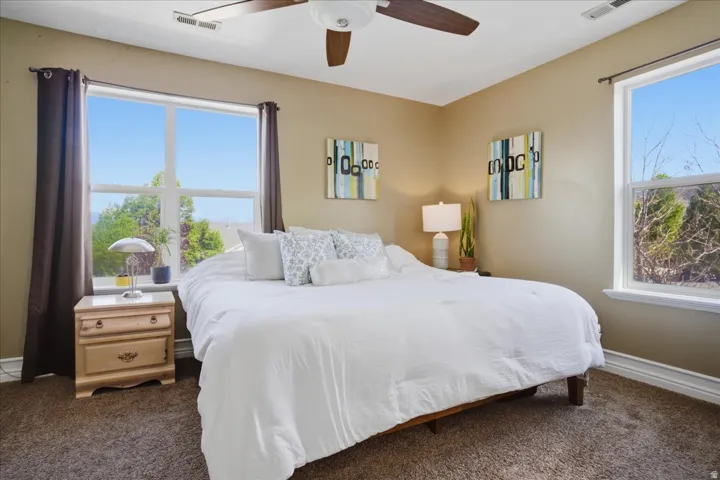 Two large windows, ceiling fan with integrated lighting, and neutral tone carpeting