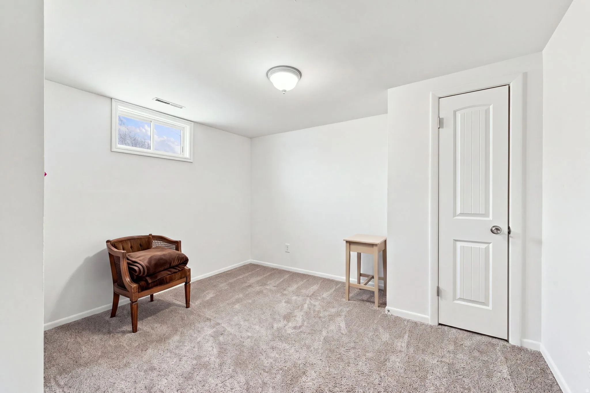 Plush carpet flooring, white painted walls, a white paneled door, and an overhead light fixture
