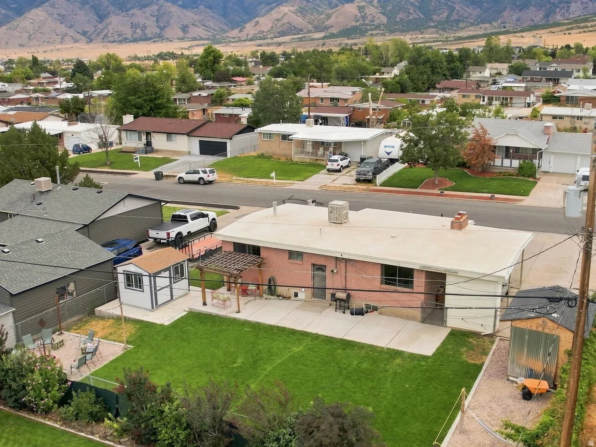 Expansive backyard featuring a manicured lawn, concrete patio, and built-in storage shed