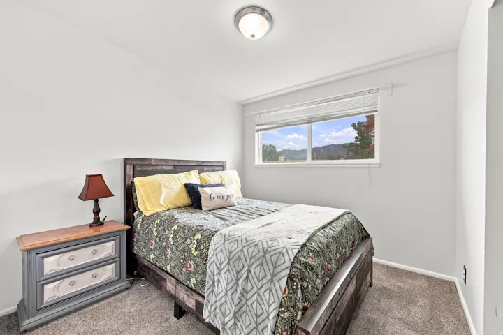 Carpeted flooring, window with blinds, and flush-mount ceiling light fixture