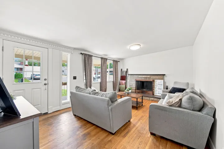 Wood-finish flooring, stone-front fireplace with hearth, white paneled door with glass inserts, transom window, and flush-mount ceiling light