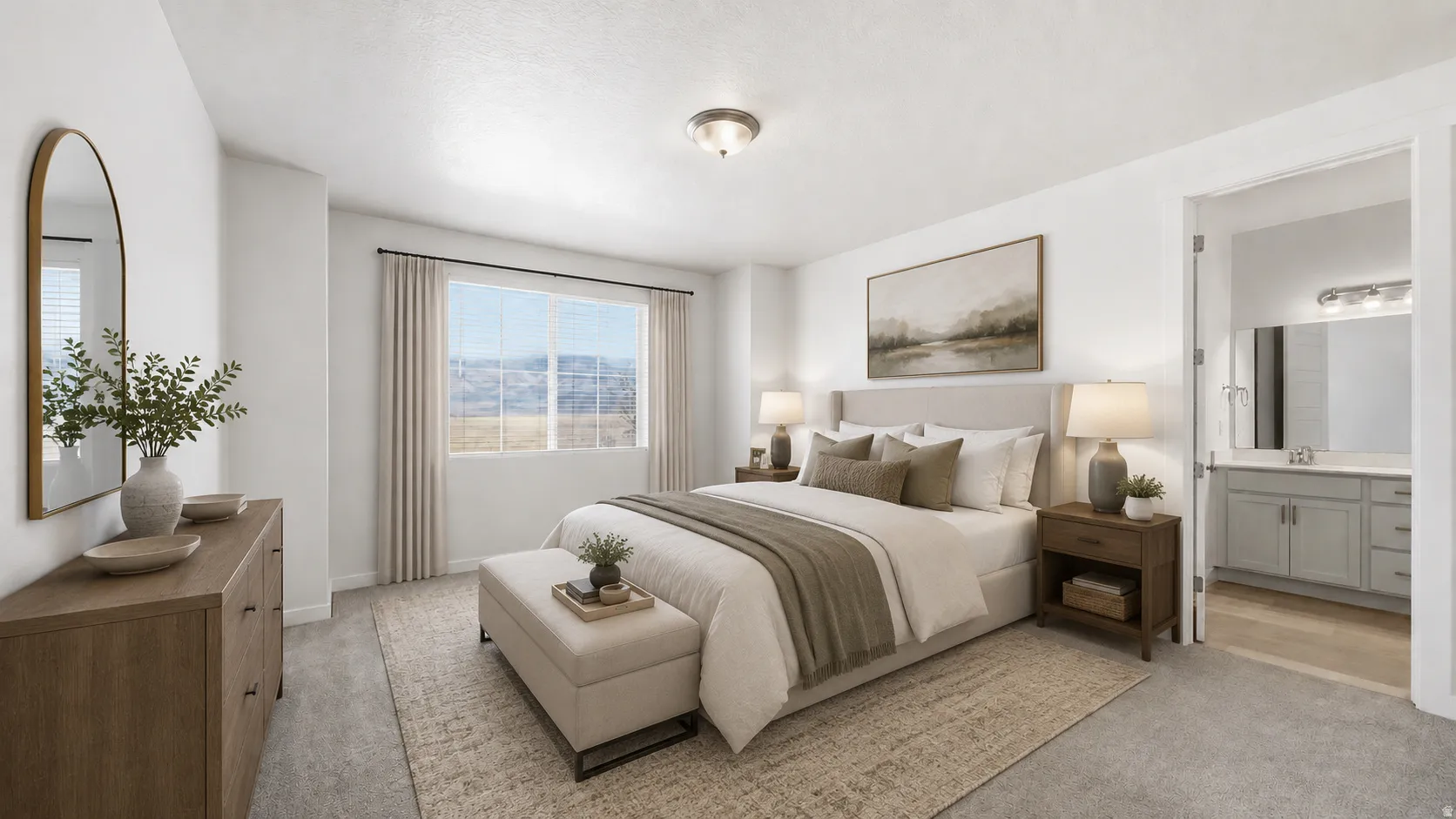 Virtually staged Owner's Bedroom to show flow