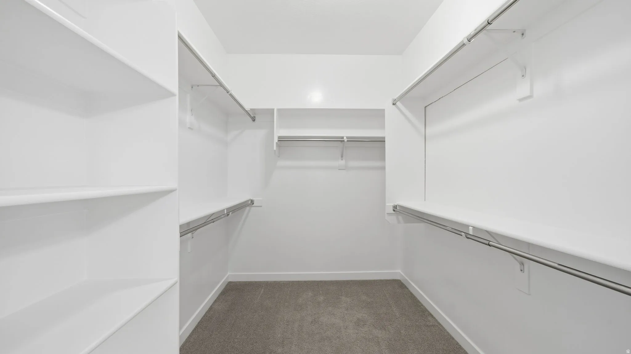 Owner's Walk-in closet featuring white shelving, multiple hanging rods, and carpet flooring