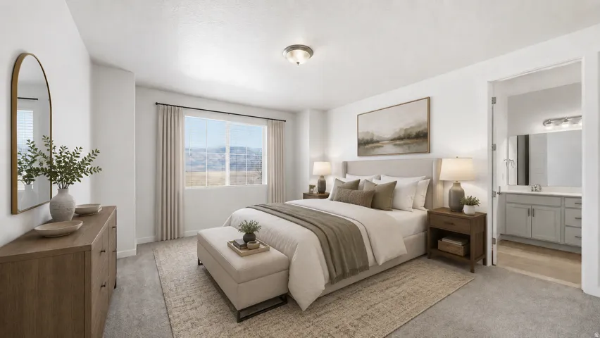 Virtually staged Owner's Bedroom to show flow