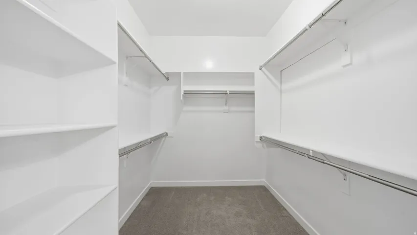 Owner's Walk-in closet featuring white shelving, multiple hanging rods, and carpet flooring