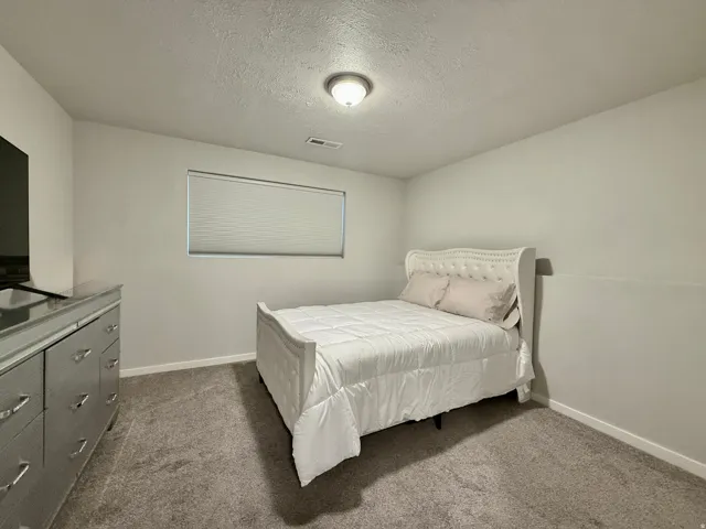 Recessed window with blinds, overhead flush mount lighting, textured ceiling, and wall-to-wall carpeting