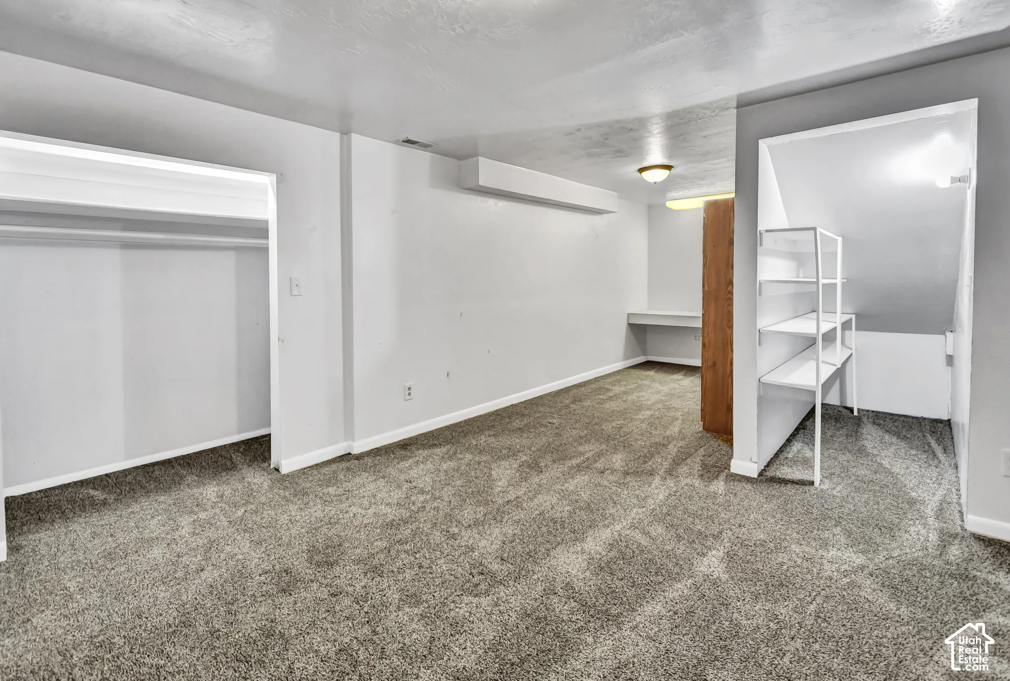 Built-in shelving, plush carpet flooring, built-in desk, overhead lighting, and an open closet