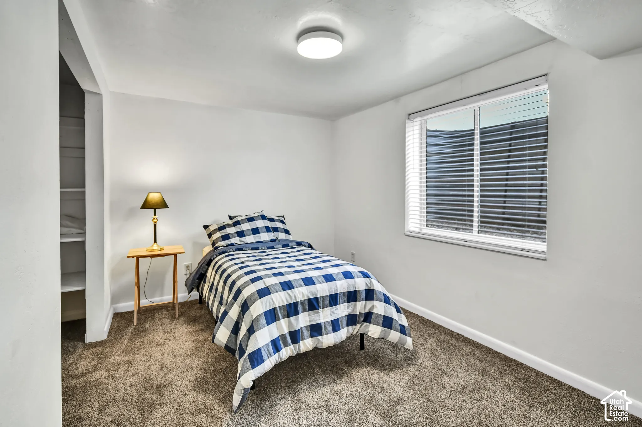 Built-in shelving, a single window with blinds, and a flush-mount ceiling light