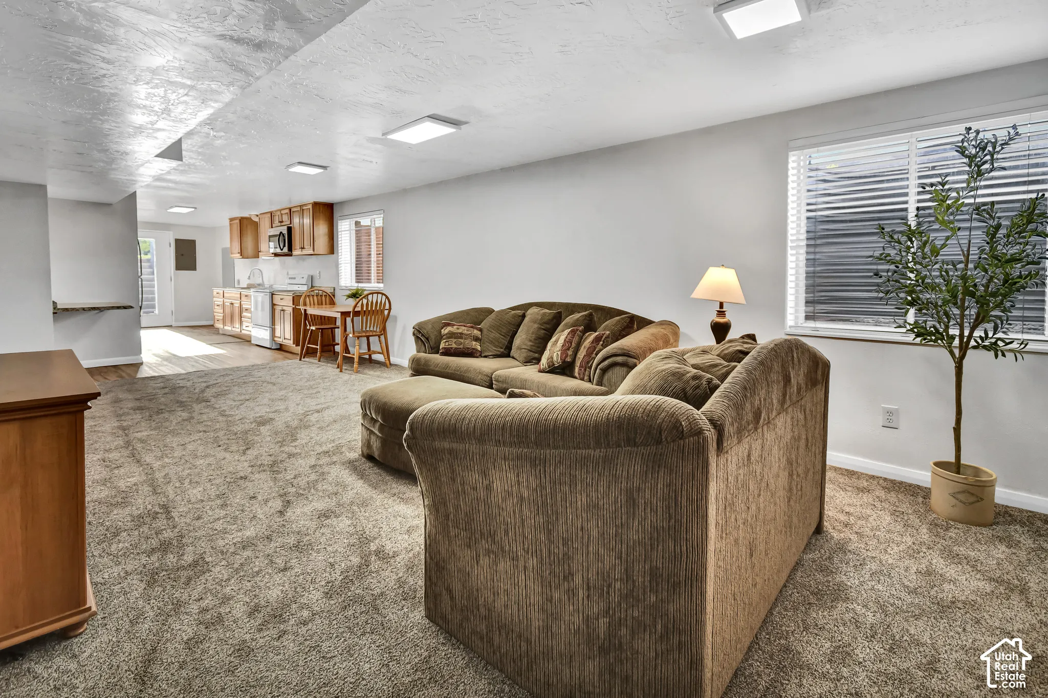 Open-concept living space featuring carpeted flooring, recessed lighting, and a kitchen area with wood cabinetry