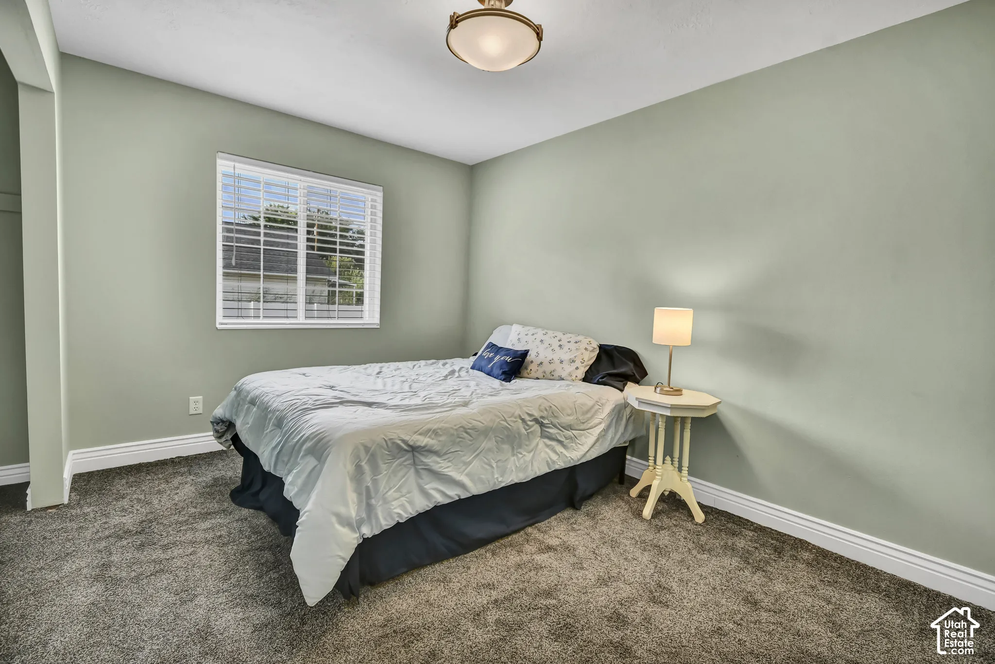 Recessed window with white blinds, neutral wall paint, and plush carpet flooring
