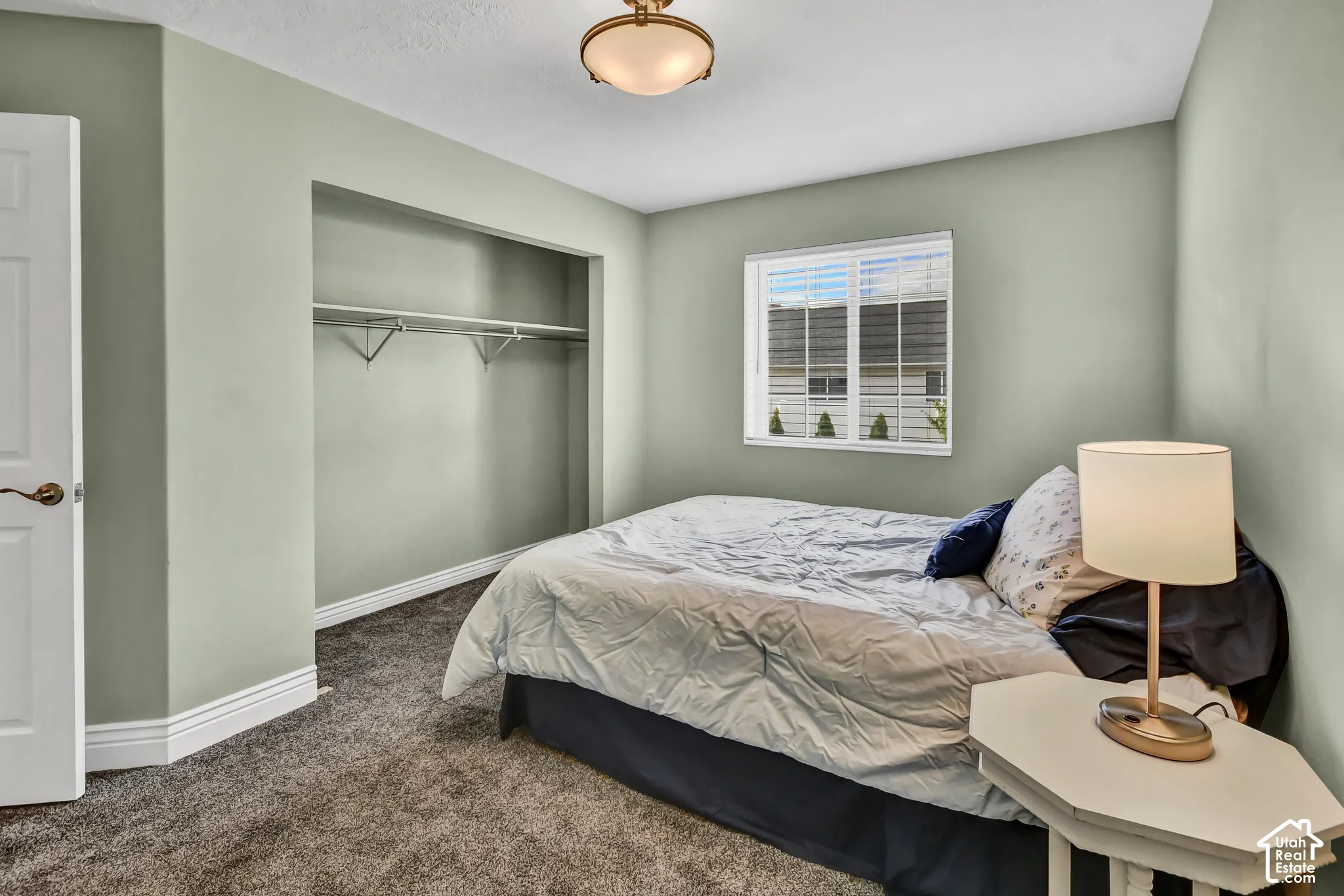 Wall-to-wall carpeting, window with grid panes, ceiling-mounted light fixture, interior door with bronze hardware, and an open closet space with a hanging rod