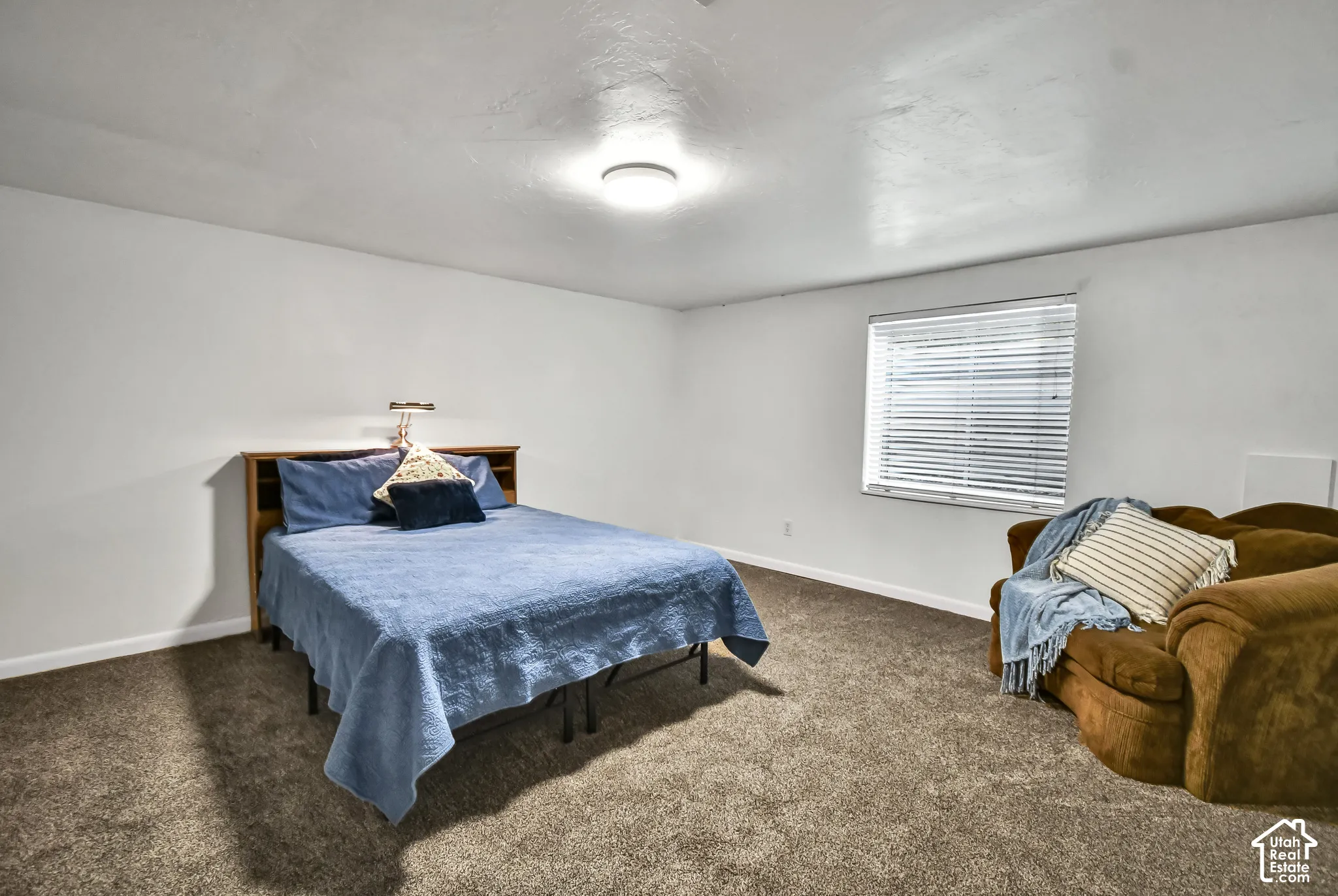 Carpeted room featuring a single window with blinds and a flush-mount ceiling light