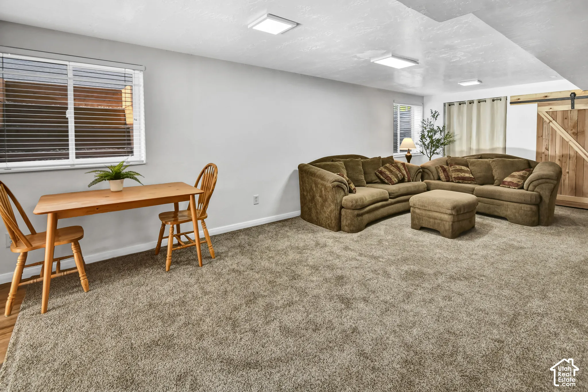 Plush carpet flooring, recessed ceiling lighting, a wood-finish barn door, and white window blinds