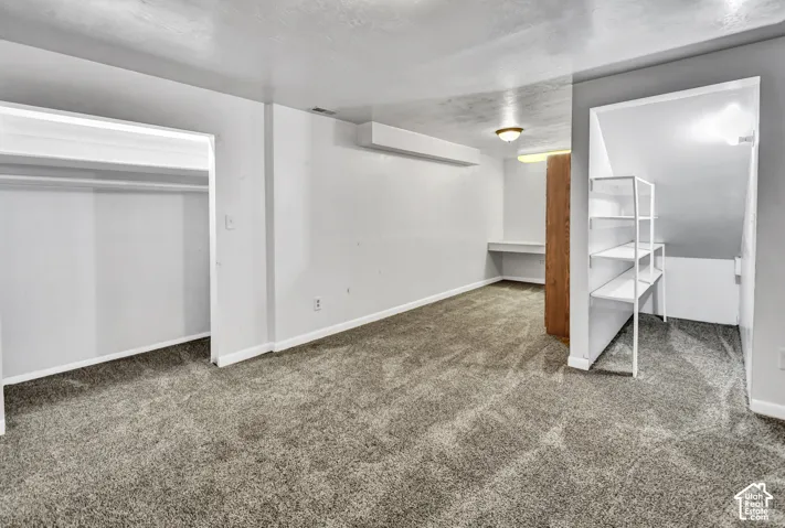 Built-in shelving, plush carpet flooring, built-in desk, overhead lighting, and an open closet