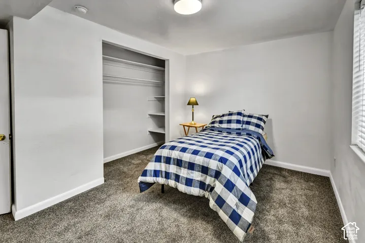 Plush carpeting, recessed closet with built-in shelving, white walls, and a window with blinds