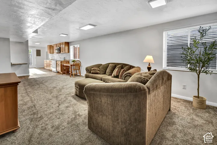 Open-concept living space featuring carpeted flooring, recessed lighting, and a kitchen area with wood cabinetry