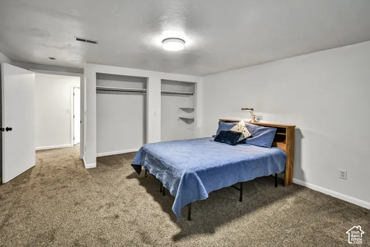 Carpeted room with white walls, dual built-in closets, and a flush-mount ceiling light fixture
