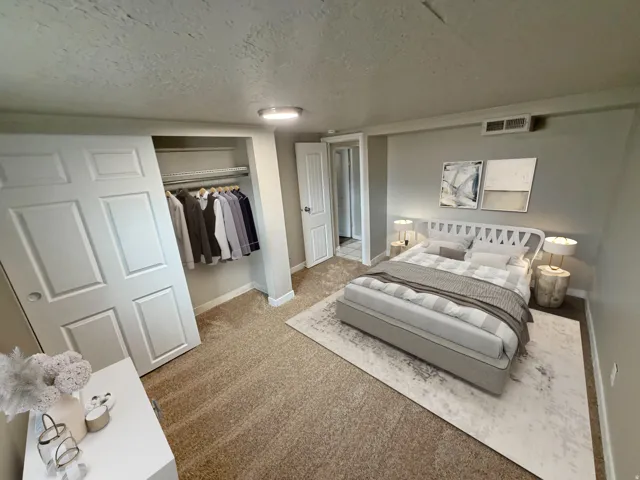 Plush carpet flooring provides comfort