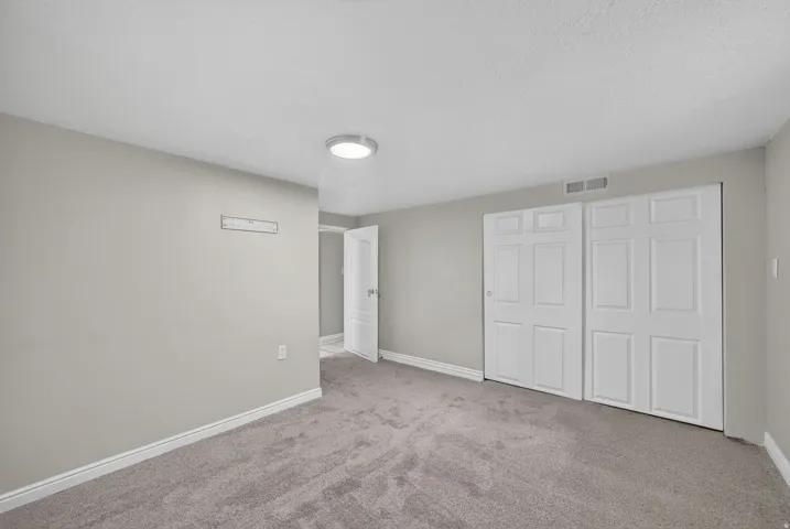 Wall-to-wall carpeting, dual bi-fold closet doors, a flush-mount ceiling light fixture, and a solid interior door