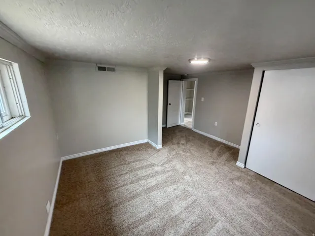 Carpeted flooring, neutral wall tones, window, ceiling-mounted light fixture, and closet with bi-fold doors