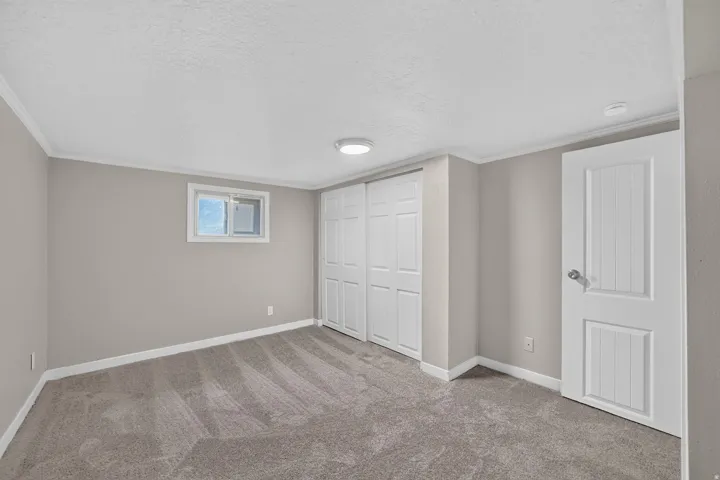 Carpeted flooring, window with white trim, white paneled doors, sliding closet doors, and a ceiling-mounted light fixture