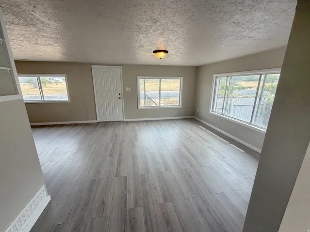 Wood-finish flooring, multiple windows, neutral wall tones, white trim, and a paneled entry door