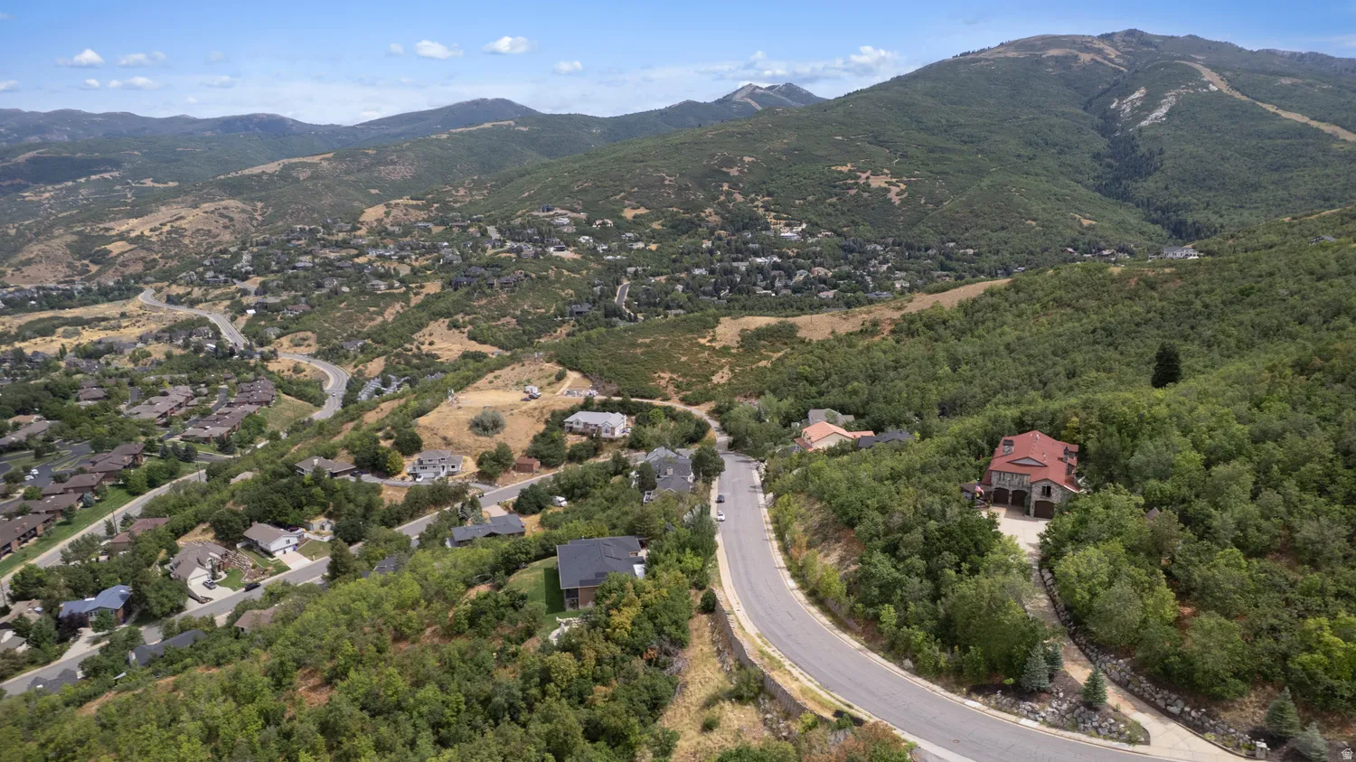 Mountainous terrain with lush vegetation and residential structures