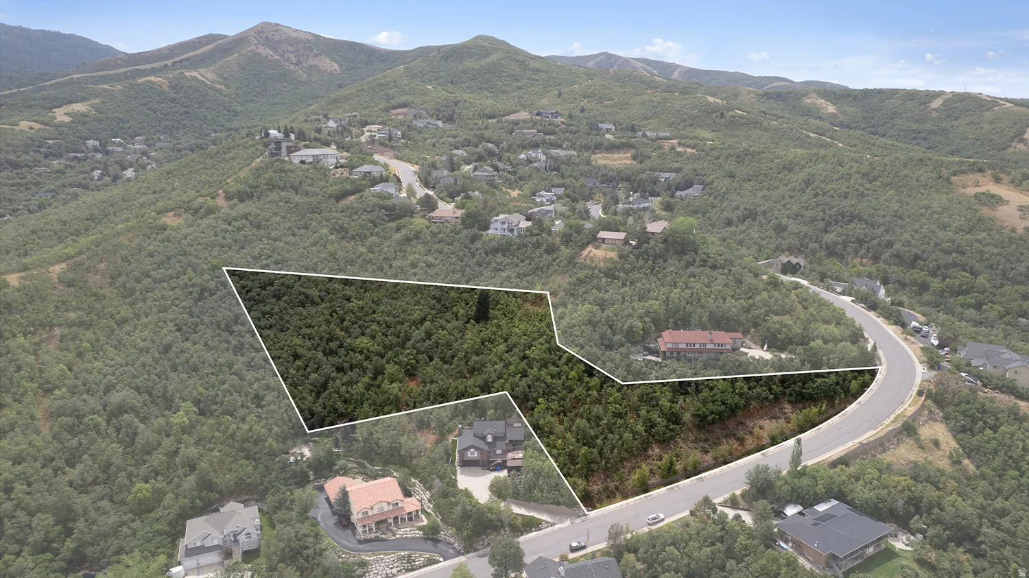 Expansive, tree-covered parcel surrounded by mountainous terrain