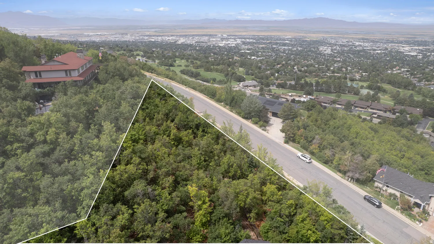 Treelined lot with paved road frontage and urban landscape backdrop