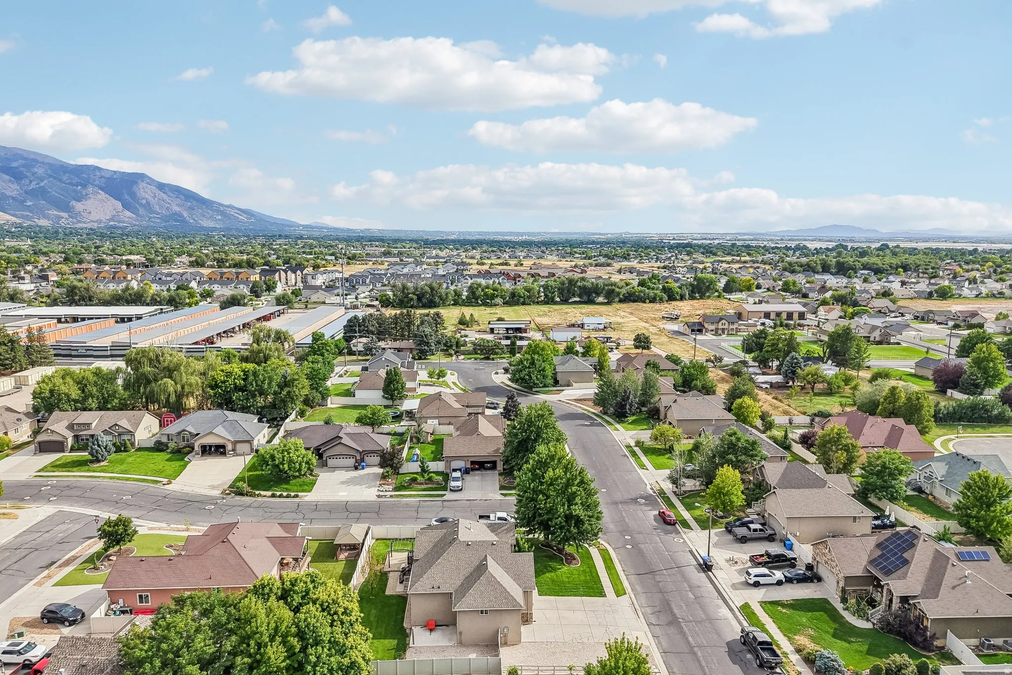 Residential neighborhood with mature trees and mountain backdrop