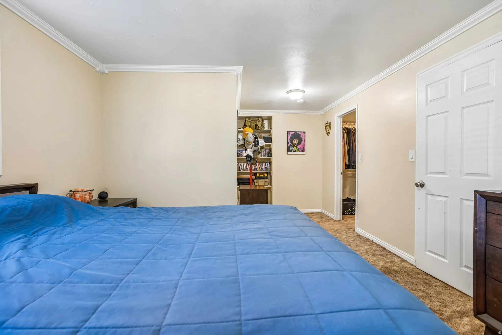 Recessed shelving, built-in closet, flush mount ceiling lighting, and crown molding
