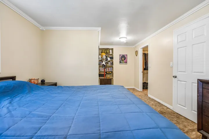 Recessed shelving, built-in closet, flush mount ceiling lighting, and crown molding