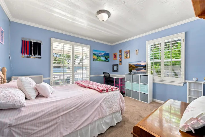 White crown molding, wall-mounted light fixture, carpeted flooring, and white plantation shutters