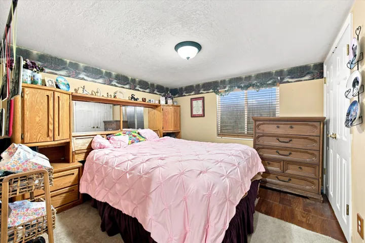 Built-in cabinetry with integrated mirror, wood-finish flooring, window with horizontal blinds, and a paneled door