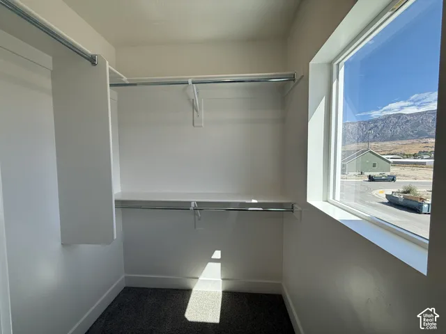 Built-in shelving and hanging rods, large window, and mountain backdrop