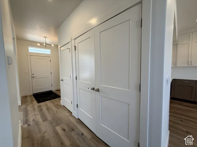 Wood-finish flooring throughout the entry, modern panel doors, and a transom window above the entry door