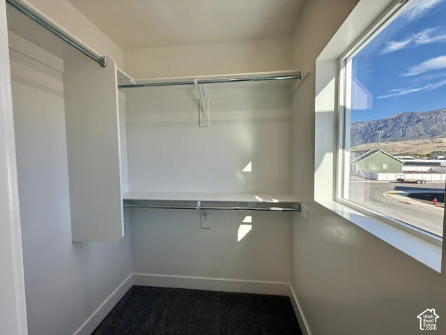 Walk-in closet featuring white built-in shelving, dual-tier metal hanging rods, dark wall-to-wall carpeting, and a large window with mountain scenery