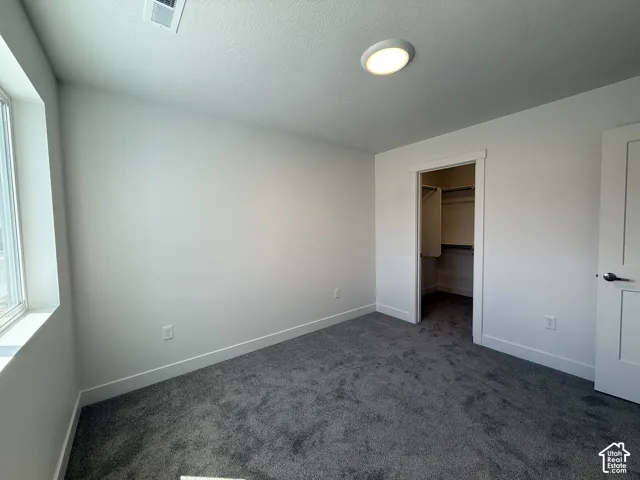 Plush gray carpeting, white walls, and a window with white trim