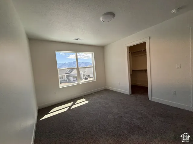 Carpeted room featuring a window with mountain scenery, a built-in closet with shelving, and a flush mount ceiling light