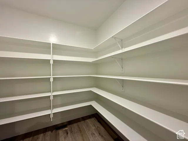 Storage space featuring multi-level wrap-around shelving and wood-finish flooring
