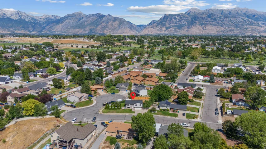Residential neighborhood with mature trees and mountain scenery