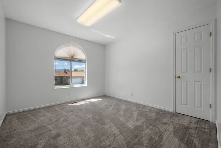 Neutral wall color, arched window with blind, full-paneled interior door, ceiling-mounted fluorescent light fixture, and gray patterned carpet