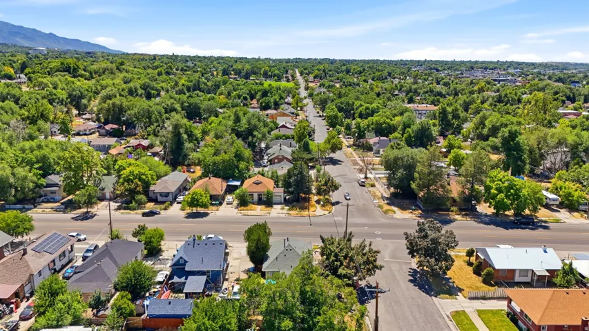 Residential neighborhood with mature trees and a clear sky backdrop