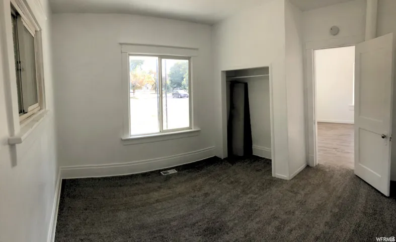 White painted interior walls, carpeted flooring, built-in closet, and a white interior door